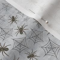 Smaller Scale Black Watercolor Halloween Spiders and Webs on Soft Grey Texture 