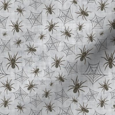 Smaller Scale Black Watercolor Halloween Spiders and Webs on Soft Grey Texture 