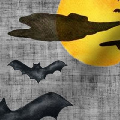 Large Scale Halloween Black Bats and Bright Yellow Watercolor Creepy Moons on Grey Texture