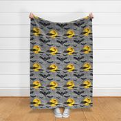 Large Scale Halloween Black Bats and Bright Yellow Watercolor Creepy Moons on Grey Texture