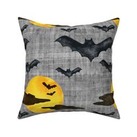 Large Scale Halloween Black Bats and Bright Yellow Watercolor Creepy Moons on Grey Texture