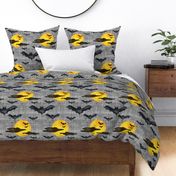 Large Scale Halloween Black Bats and Bright Yellow Watercolor Creepy Moons on Grey Texture