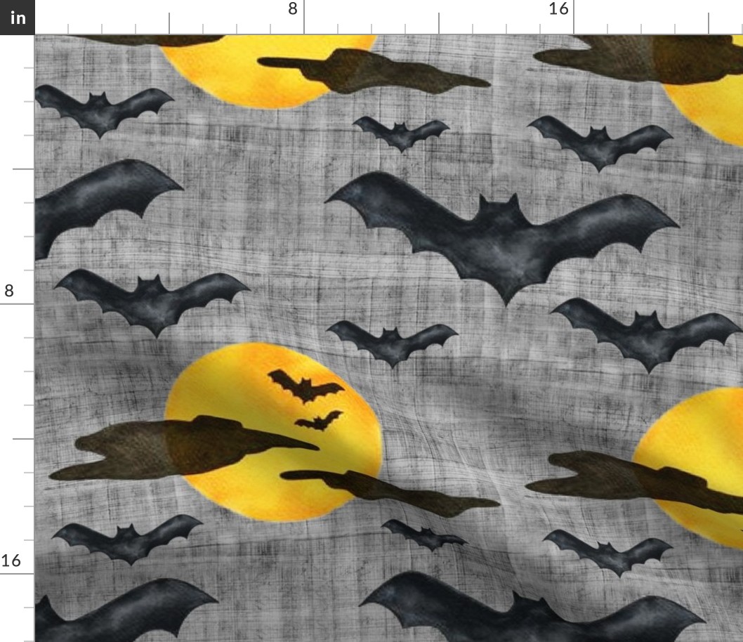 Large Scale Halloween Black Bats and Bright Yellow Watercolor Creepy Moons on Grey Texture