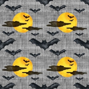 Medium Scale Halloween Black Bats and Bright Yellow Watercolor Creepy Moons on Grey Texture