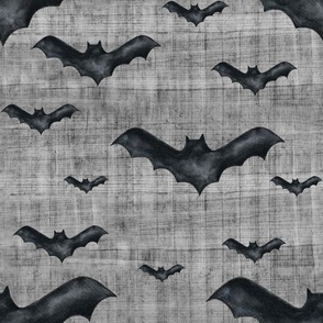 Large Scale Halloween Watercolor Black Bats on Grey Texture