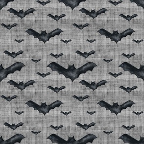 Medium Scale Halloween Watercolor Black Bats on Grey Texture