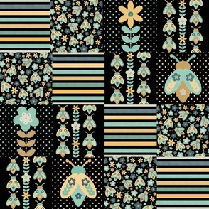 Patchwork 6" Square Cheater Quilt Retro Beetle Bugs in Mustard Yellow and Aqua on Black