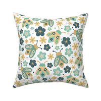 Bigger Scale Retro Beetle Bugs and Groovy Flowers in Mustard Yellow Aqua Turquoise on White