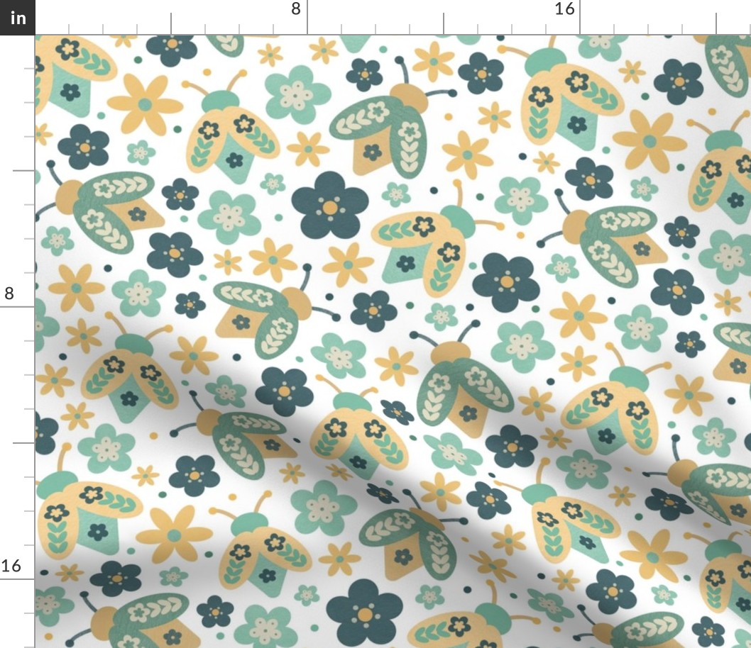 Bigger Scale Retro Beetle Bugs and Groovy Flowers in Mustard Yellow Aqua Turquoise on White