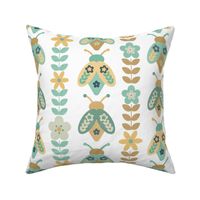 Bigger Scale Retro Beetle Bugs and Groovy Flower Vines in Mustard Yellow and Aqua on White