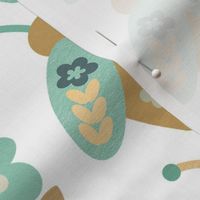 Bigger Scale Retro Beetle Bugs and Groovy Flower Vines in Mustard Yellow and Aqua on White