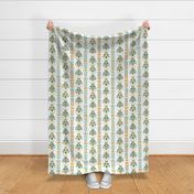 Bigger Scale Retro Beetle Bugs and Groovy Flower Vines in Mustard Yellow and Aqua on White