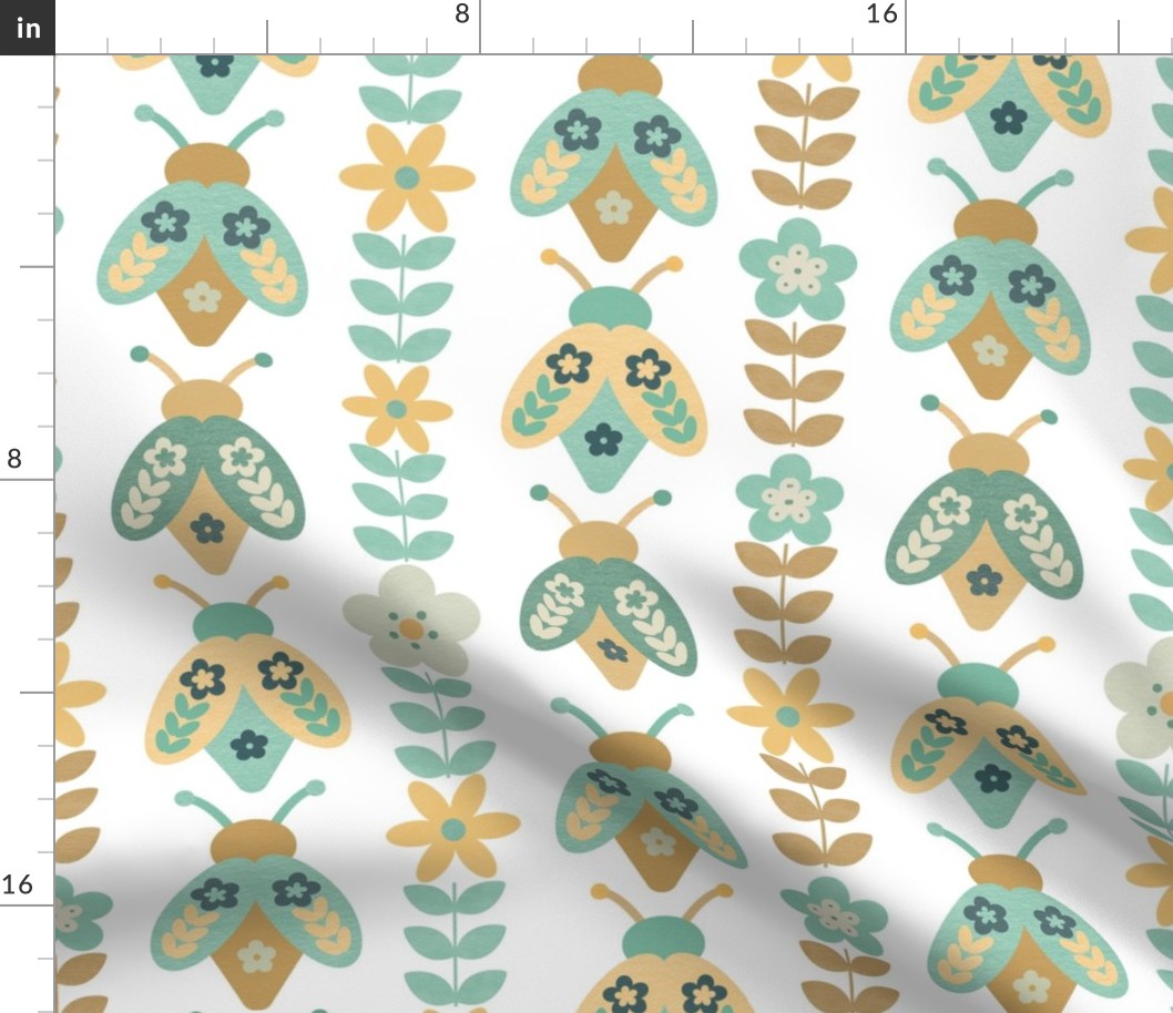 Bigger Scale Retro Beetle Bugs and Groovy Flower Vines in Mustard Yellow and Aqua on White