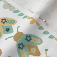 Smaller Scale Retro Beetle Bugs and Groovy Flower Vines in Mustard Yellow and Aqua on White