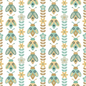 Smaller Scale Retro Beetle Bugs and Groovy Flower Vines in Mustard Yellow and Aqua on White