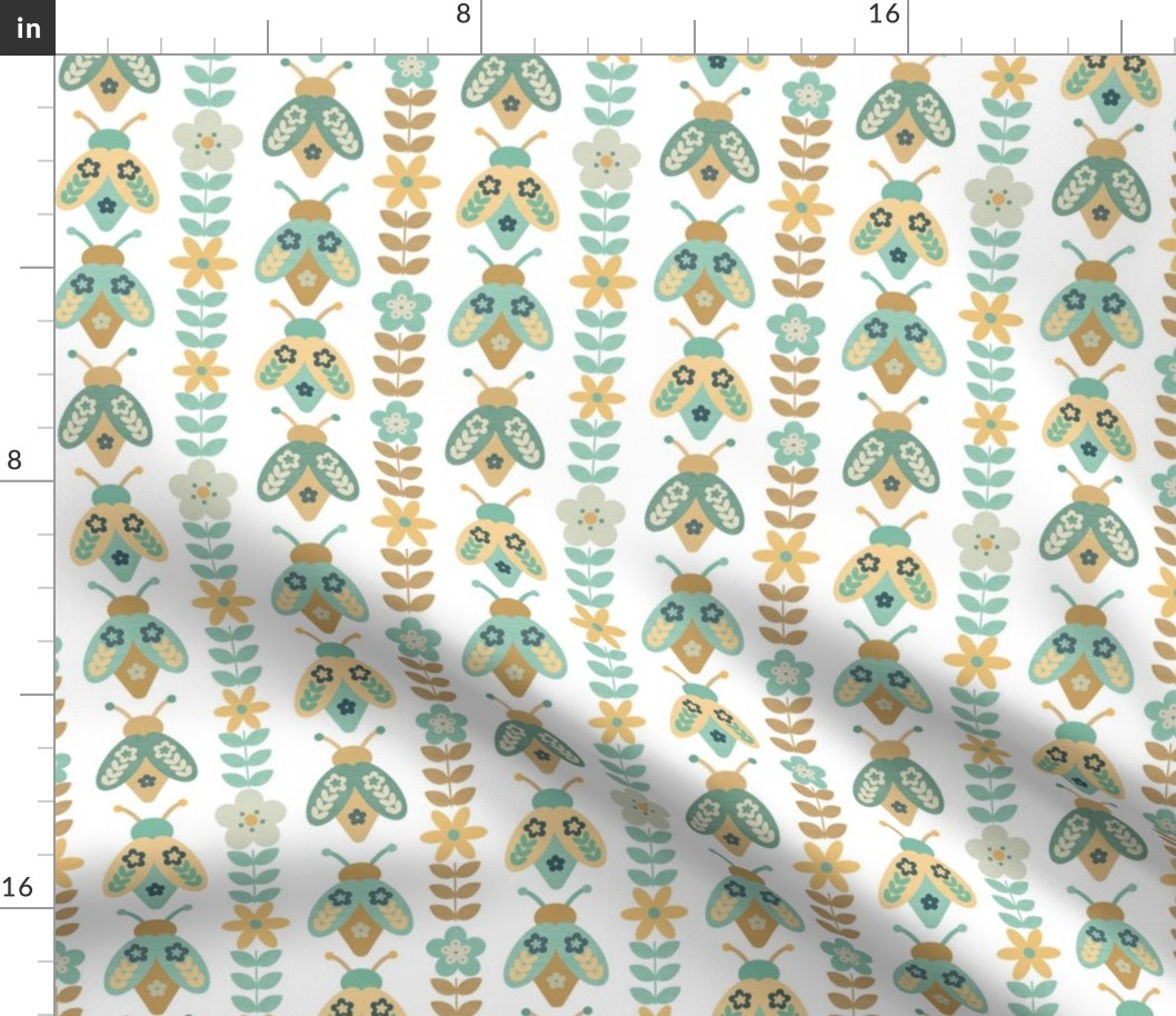 Smaller Scale Retro Beetle Bugs and Groovy Flower Vines in Mustard Yellow and Aqua on White