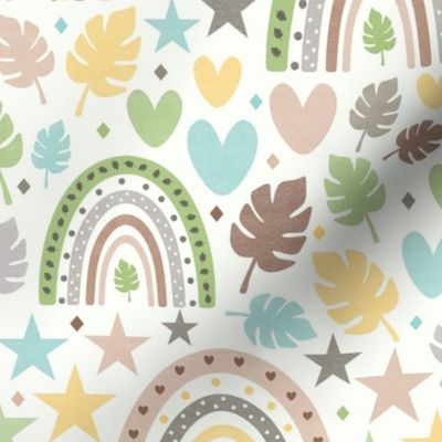 Large Scale Neutral Rainbow Baby Nursery Hearts Leaves Stars in Earth Tones