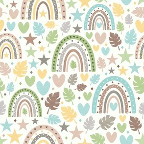 Large Scale Neutral Rainbow Baby Nursery Hearts Leaves Stars in Earth Tones