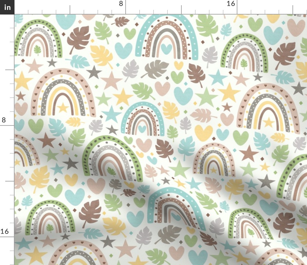 Large Scale Neutral Rainbow Baby Nursery Hearts Leaves Stars in Earth Tones