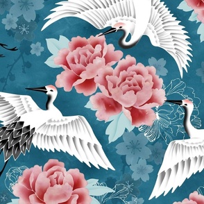 Peony cranes teal