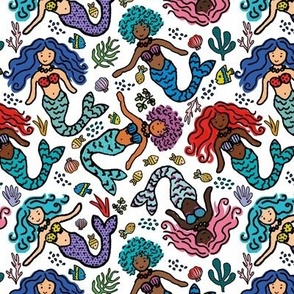 Multicolour Mermaids || White Base || Fabric 