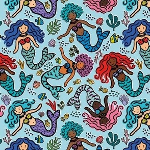 Multicolour Mermaids || Pale Blue || Fabric 