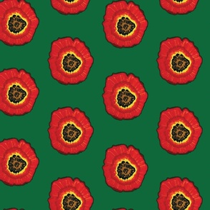 Red Retro Hand Drawn Poppies on a Field of Green