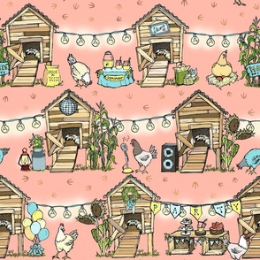 Henhouse Party on Pink, Farmhouse Country Chickens