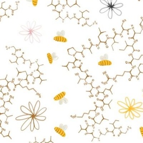 Cute Bees, Flowers, and Melittin Molecules in Watercolor On White