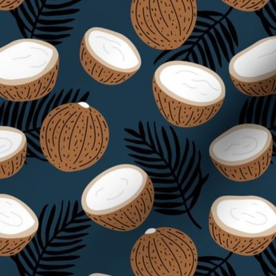 Coconut palm leaves garden tropical jungle fruit island vibes navy blue black brown neutral 