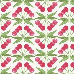 548 - medium  scale watercolor pink cherries and green leaves in stripped linear formation on creamy  warm background - for wallpaper and large items