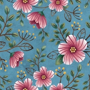 Pink Flowers on light blue - LARGE SCALE