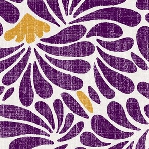 large water flower splash in burgundy and gold on linen