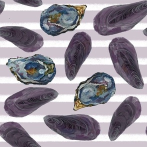 oysters and mussels on maritime lilac stripes