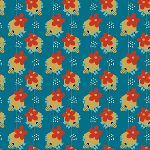 Country Bees and Hexagon Vines on Teal Background