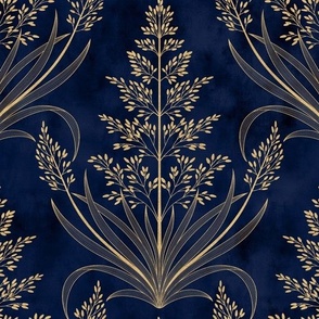 S // Golden grass - Contemporary Metallic Gold Wild Grass on blue base