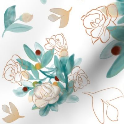Traditional, floral, PEACHES AND CREAM FLORAL, floral, flowers, peach, orange, green, cottagecore, magnolias, pastel, feminine, leaves, JG Anchor Designs, 