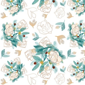 Traditional, floral, PEACHES AND CREAM FLORAL, floral, flowers, peach, orange, green, cottagecore, magnolias, pastel, feminine, leaves, JG Anchor Designs, 