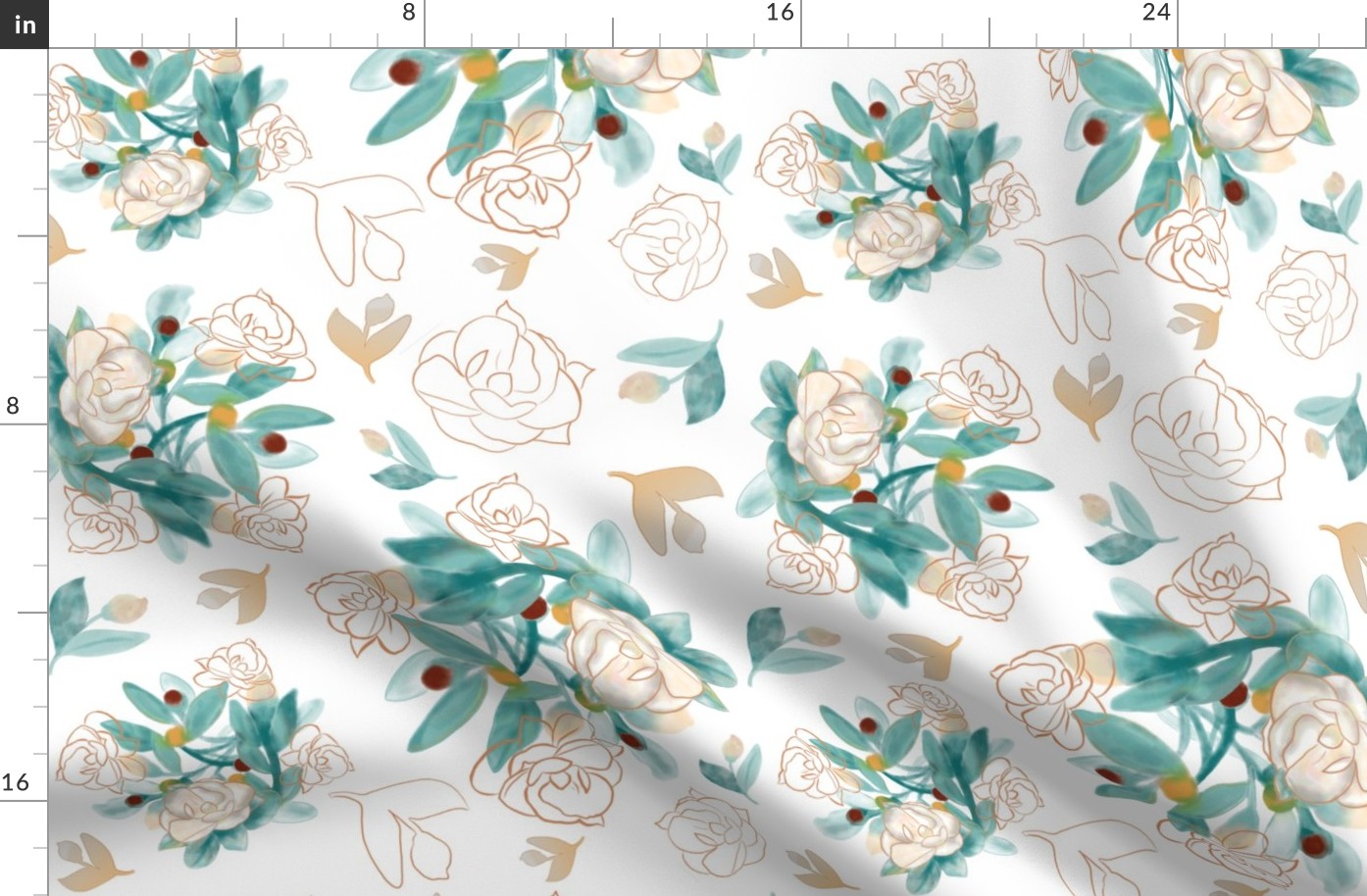 Traditional, floral, PEACHES AND CREAM FLORAL, floral, flowers, peach, orange, green, cottagecore, magnolias, pastel, feminine, leaves, JG Anchor Designs, 