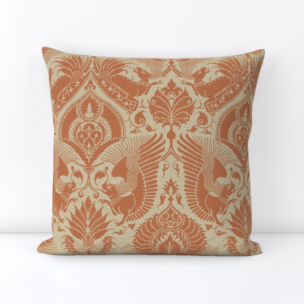 fancy damask with animals, clay red