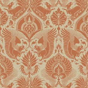 fancy damask with animals, clay red