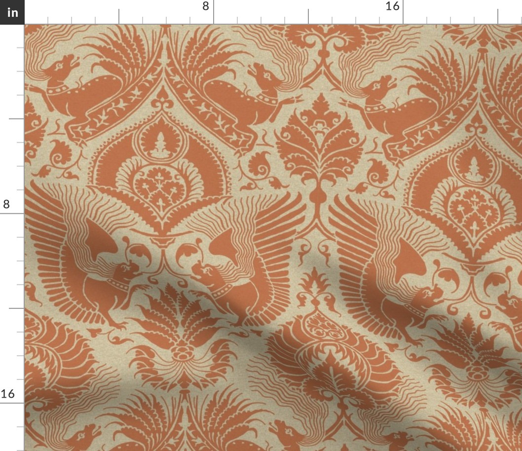 fancy damask with animals, clay red