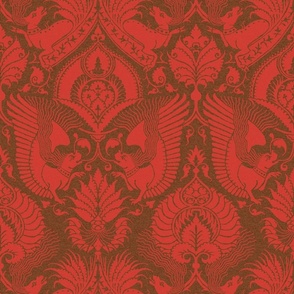 fancy damask with animals, dark red