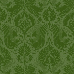 fancy damask with animals, green