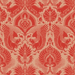 fancy damask with animals, red coral