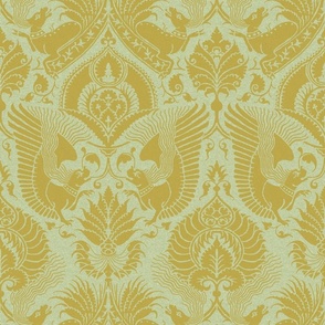 fancy damask with animals, gold on birch-leaf green