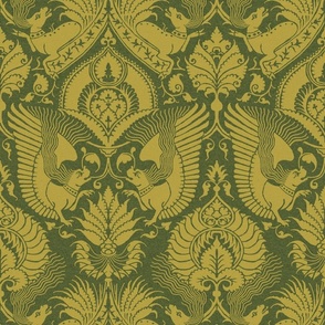 fancy damask with animals, mustard on dark olive