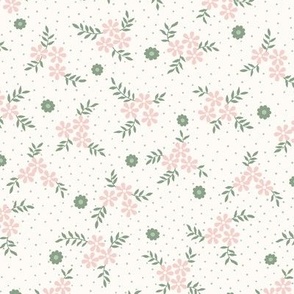 Lena Floral Ditsy: Powdery Green & Rose Gold  Cottage Floral Toss, Small Pink Flowers