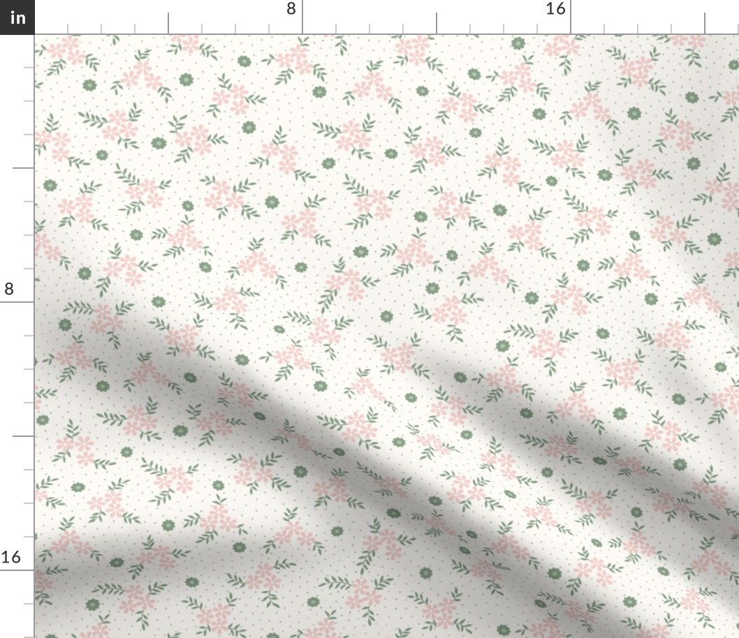 Lena Floral Ditsy: Powdery Green & Rose Gold  Cottage Floral Toss, Small Pink Flowers