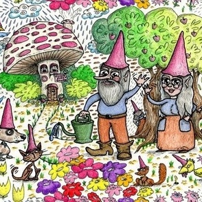 gnome family and friends, medium large scale, colorful rainbow red orange yellow green blue indigo violet pink brown white black mushroom hand drawn